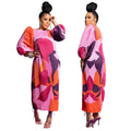 Elegant Women Pleated Half Lantern Sleeve O-neck Slim Maxi Long Dress Print Fashion Autumn 2024 Ruched Dresses Vestidos