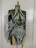 Sparkly Rhinestones Sexy Mesh Transparent Mini Dress Eveing Birthday Party Dance Nightclub Fashion Show Stage Costumes