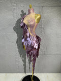 Women Sexy Purple Leaf Sequins Mesh One-Shoulder Tassel Dance Costume Suitable for Competition Performance Cocktail Party Dancew