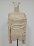 Chic Off The Shoulder Apricot Jacquard Knit T Shirt for Women Slimming Long Sleeve Ruched Design for Romantic Dates