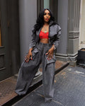 Denim Women's Set Ruched Long Sleeve Jacket and Pocket Front Loose Jeans Pants Two 2 Piece Sets Outfits Tracksuit