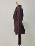 American Retro Burgundy Leather Jacket for Women Stand Collar Long Sleeves Slimming Design Coat Female Winter New