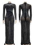 Women Rhinestone Dress with Bodysuit 2 Piece Set Sexy See Through Hot Drilling Evening Gowns Birthday Bodycon Party Dress