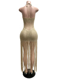 Sexy Cutout Crochet Beach Dress 2026 Summer Women One Shoulder Backless Knitted Sequined Fringe Tassel Midi Dress Clubwear