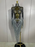 Women Evening Birthday Party Nightclub Dance Singer Stage Outfit Sexy Sparkly Rhinestone Sequins Tassel Mesh Transparent Dress