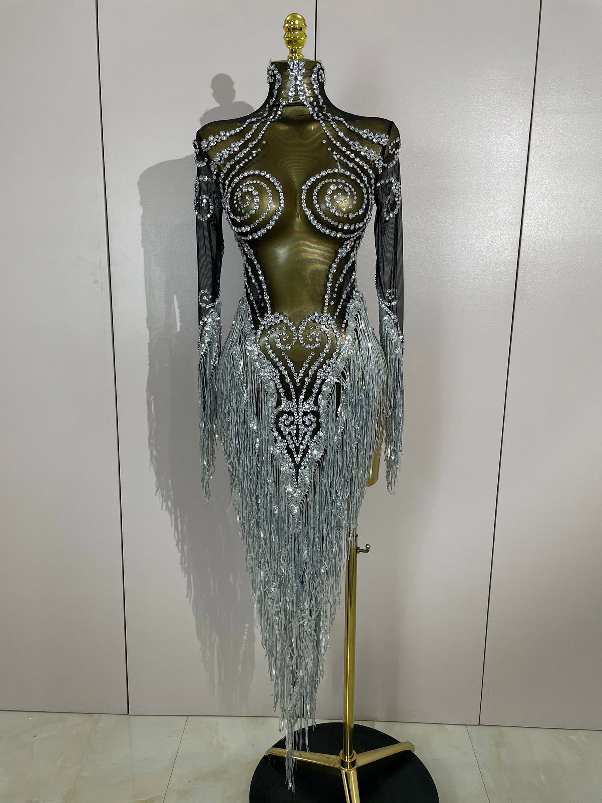 Women Evening Birthday Party Nightclub Dance Singer Stage Outfit Sexy Sparkly Rhinestone Sequins Tassel Mesh Transparent Dress