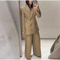 Elegant Blazer Jacket Pant Set Women Slim Fit Solid Lapel Double Breasted Coat Wide Leg Pant 2026 Spring Lady Commute Outfit New