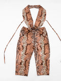 Sexy Backless Playsuit Woman Summer Trend Serpentine Print Halter Low-Neck Skinny Stretch Midnight Club Party Rompers
