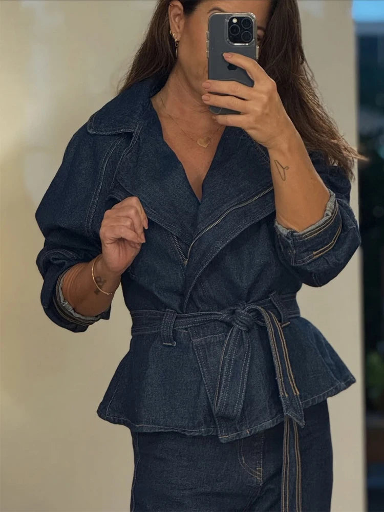 Women Dark Blue Denim Sets Vintage Lapel Belted Peplum Long Sleeve Cuff Top Wide Leg Pants Outfit 2026 Lady Autumn Chic Suits