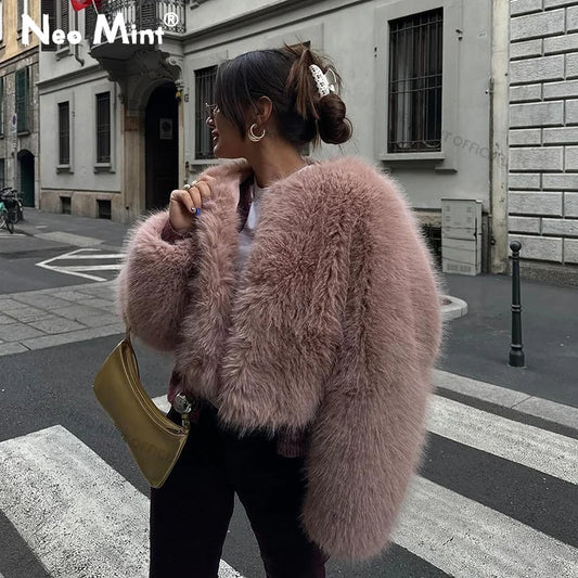 Winter Sweet Pink Cropped Faux Fur Coat Women Streetwear Ins Chic Girls Fluffy Fox Fur Jacket Female