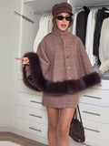 Women Plaid Fur Trim Cape Mini Skirt Set High Neck Checkered Shawl Coat Short Skirt Two Piece Outfit 2026 Autumn Elegant Suit