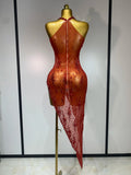 Sparkly Crystal Diamond Gold Sexy See-Through Sheath Dress Nightclub Performance Custome Stage Wear Birthday Evening Party Dress