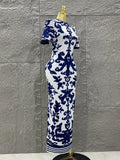 Sexy Short Sleeve Jacquard Blue Bandage Bodycon Long Dress Women Celebrity Elegant Evening Club Party