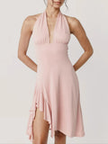 Vacation Pink Backless Mini Dress Female Plunge Neck Sleeveless Slimming Asymmetrical Hem for Urban Street Style