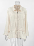 Apricot Jacquard Drawstring for Women Jackets Lapel Bubble Long Sleeve Peplum Hem Zip Up Jacket for Summer Casual