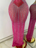 Sparkly Rhinestones Women Sexy Hollow Out High Split Elegant Bodycon Long Outfit Birthday Dress Stage Wear Performance Costume