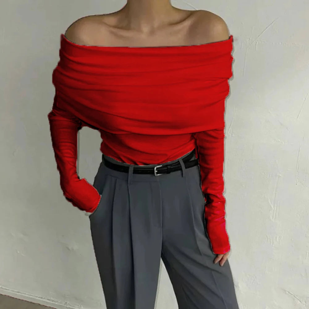 Solid Casual Pullover Sweaters For Women Slash Neck Long Sleeve Slimming Temperament Sweater Female Fashion Style