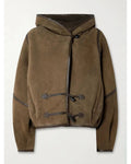 Women's Brown patchwork Hooded Jacket With Faux Fur Lining Fashion Horn Button Bomber Coat Lady Winter Casual Outerwear