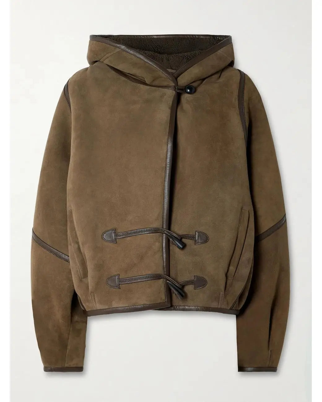 Women's Brown patchwork Hooded Jacket With Faux Fur Lining Fashion Horn Button Bomber Coat Lady Winter Casual Outerwear