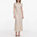 Elegant Business Style Purple Sparkle Gown for Women Asymmetrical Neck Short Sleeves Ruched Waist Skirt for Wedding Toasts