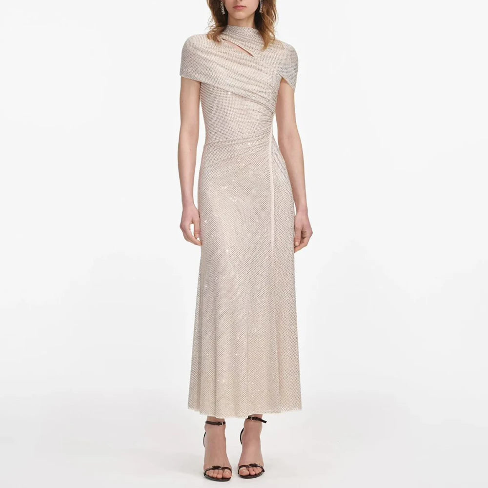 Elegant Business Style Purple Sparkle Gown for Women Asymmetrical Neck Short Sleeves Ruched Waist Skirt for Wedding Toasts