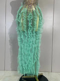 Women Sparkly Rhinestone Eveing Birthday Party Nightclub Bar Stage Costume Sexy Sleeveless Mesh Ruffled See Through Long Dress