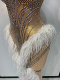 Women Sexy Strapless Sparkly Diamonds Tassel Mesh See Through Dress Celebrate Birthday Evening Party Nightclub Stage Costume