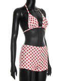Sexy Dot Print 3 Piece Sets Women Chic Halter Bra Tops+Short Sleeves Crop Tops+Shorts Skinny Beach Vacation Clubwear