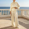 Satin Two Piece Set for Women Ruffle Mock Neck Long Lantern Sleeve Crop Top Pleated Wrap Wide Leg Pants for Vacation Daily
