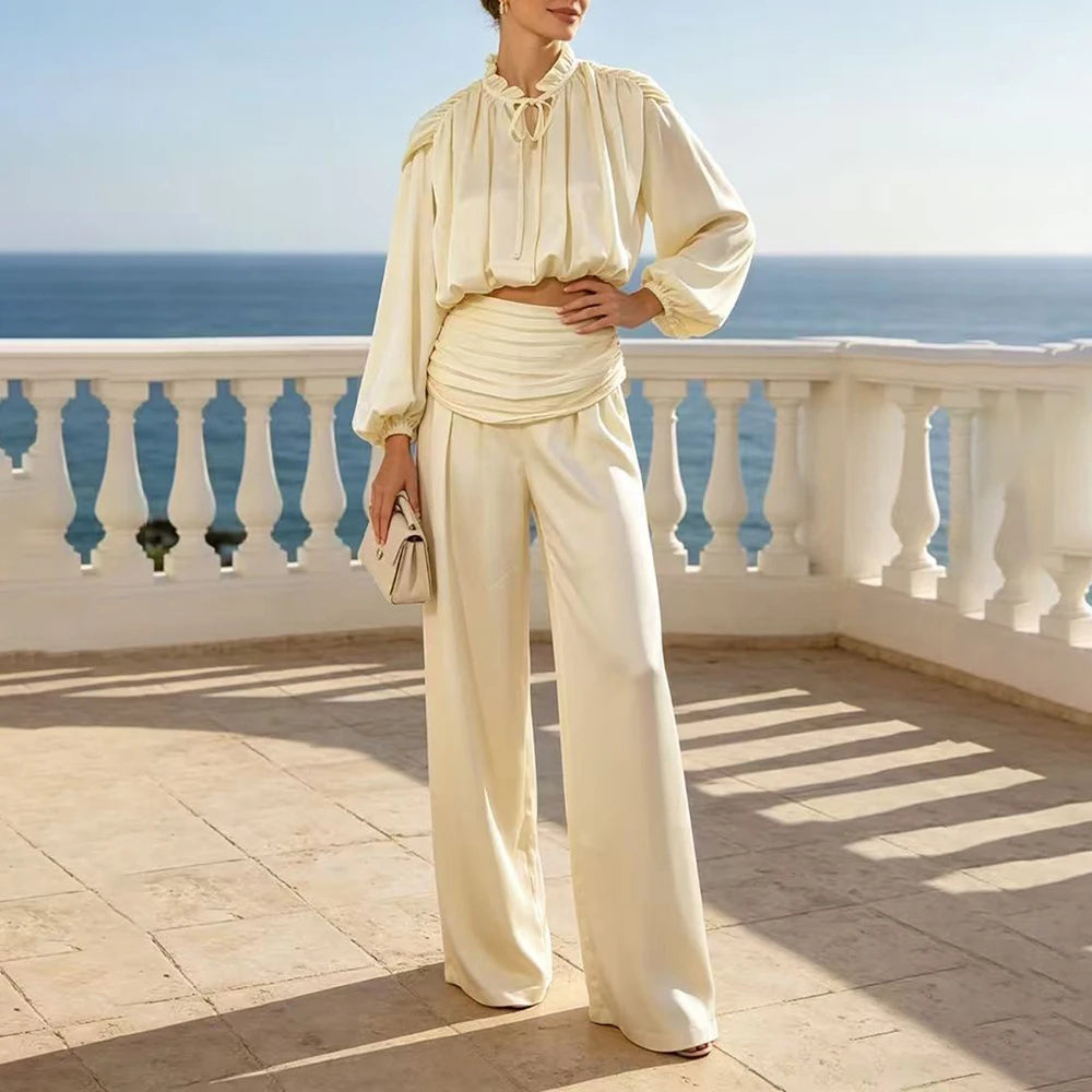 Satin Two Piece Set for Women Ruffle Mock Neck Long Lantern Sleeve Crop Top Pleated Wrap Wide Leg Pants for Vacation Daily