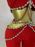 Luxury Rhinestone Red Sexy Cut Out Two Piece Pants Bandage Set 2026 Women Celebrity Designer Fashion Women's Set Stage Outfit