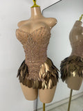 Sexy Diamond Feather Shining Mini Dress Strapless For Women Luxury Birthday Celebrity Evening Gown Performance Wear