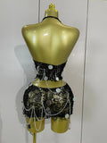 Sexy Evening Party Nightclub Performance Costume Women Birthday Mesh See-Through Pin Decoration Chain Short Dress Two-Piece Set