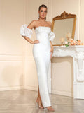 Women Sexy Strapless Diamond Maxi Long Bodycon Bandage Dress With Bubble Sleeves 2025 Elegant Evening Wedding Party Gowns