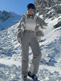 Women Color Block Spliced Ski Set Fleece Lined Stand Collar Zip Jacket Multi‑Pocket Wide Leg Trousers 2026 Winter Fashion Outfit