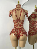 Sparkly Rhinestonnes Mesh Transparent Bodysuit Sexy Women Performance Nightclub Stage Outfit Luxury Festival Costume