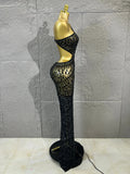 Black Mesh Rhinestone Mermaid Maxi Dress Hollow Cut Out BacklessBodycon Long Gown Women Club Night StageBirthday Party Outfit