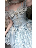 Olivegirl Summer Lolita Dress Women's High-end Embroidery Evening Mini Dress Slach Shoulder Blue Bar Mitzvah Princess Dress