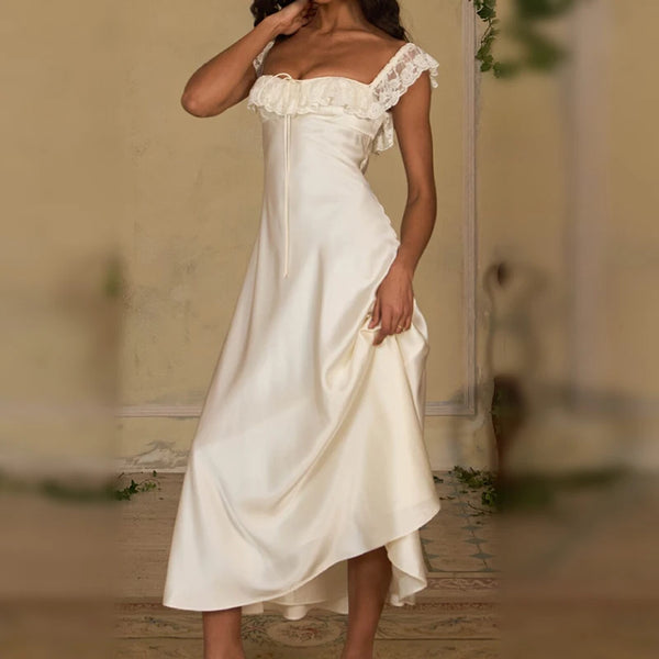 Women Solid Color Lace Trim Long Dress Chic Square Neck Back Zipper Slim Fit Maxi Skirt Elegant Summer Party Club Holiday Outfit