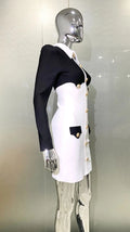 Women's Gold Button Black White Color Matching Dress Fashion Personality Bandage Evening Gown Performance Costume Abiti Da Festa