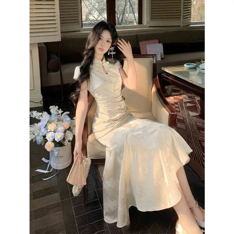 Olive Girl Romantic Qipao for Garden Wedding 2026 Fairycore Photoshoot Everyday Wear S-XXL XS-3XL Plus Size Romantic Garden Party Editorial Not Costume Qipao Cheongsam Chinese Dress Chinese Heritage Fashion Women