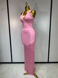 Women Sleeveless Sexy V-neck Tassel Bodycon Bandage Dress Celebrity Elegant Evening Party High Quality Club Birthday Dress