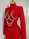 Women Celebrity Evening Party Club Prom Luxury Birthday Dresses Elegant Pearl Beaded Sexy Long Sleeve Bodycon Long Bandage Dres