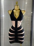 Women Sexy Halter Off the Shoulder Patchwork Bodycon Mini Bandage Dress Nightclub Party Celebrate Evening Cocktail Outfit