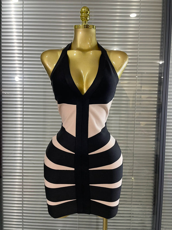 Women Sexy Halter Off the Shoulder Patchwork Bodycon Mini Bandage Dress Nightclub Party Celebrate Evening Cocktail Outfit