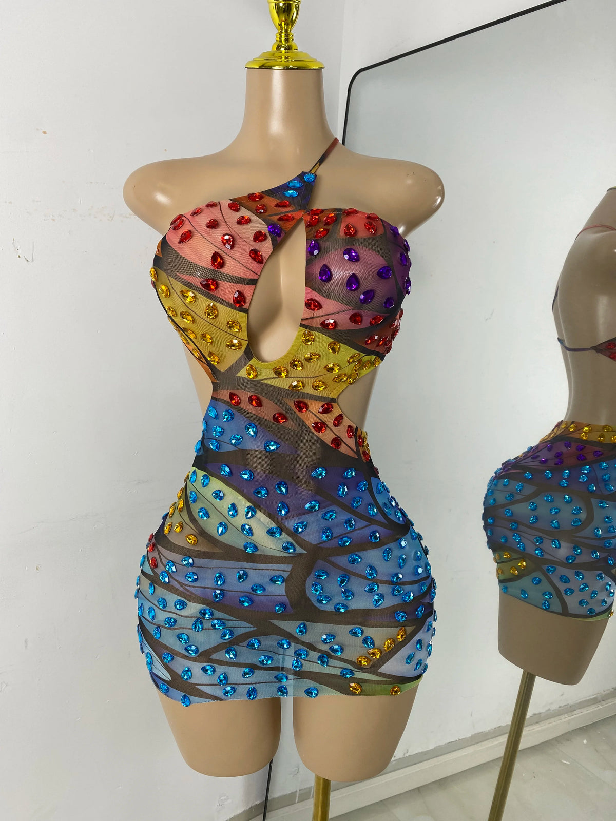 Sparkly Rhinestones Mini Mesh See Through Dress Luxury Women Sexy Mesh Celebrity Birthday Cocktail Dresses Performance Wear