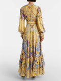 Yellow Floral Print Puff Sleeve Maxi Dress for Women Deep V Neck High Waist Asymmetrical Ruffle Hem Skirt for Garden Parties