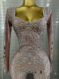 Sparkly Rhinestones Mirrors Women Long Sleeve High Stretch Bodycon Long Jumpsuit Bar Singer Performance Cotumes Stage Wear