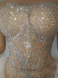 Women Birthday Evening Celebrate Party Nightclub Stage Wear Sexy Sparkly Diamonds Tassel Strapless Mesh See Through Long Dress