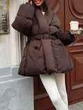 Solid Casual Basics Down Jacket for Women V Neck Long Sleeve Tunic Patchwork Sashes Slimming Elegant Coat Female